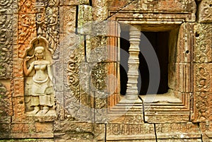 Stone carvings at the ruins of Ta Som temple in Siem Reap, Cambodia.