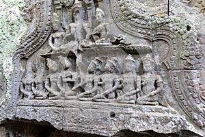 The stone carvings at Ta Prohm Temple. Is an abandoned Buddhist temple in a jungle. Angkor Wat. Cambodia