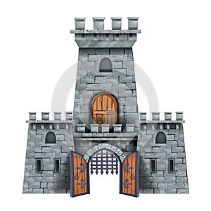 Stone castle tower, vector medieval city entrance, open old wooden door, ancient grate, arch facade.
