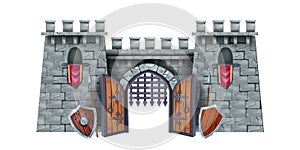 Stone castle tower, vector medieval city gate illustration, iron grate, wooden shield, spear.