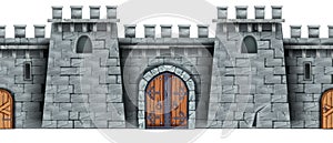 Stone castle wall seamless background, medieval Greek tower game illustration, vintage wooden city gate.