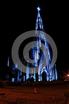 Stone cathedral city Canela / Gramado with blue illumination, Rio Grande Do Sul, Brazil - Church city Canela Rio Grande Do Sul, Br