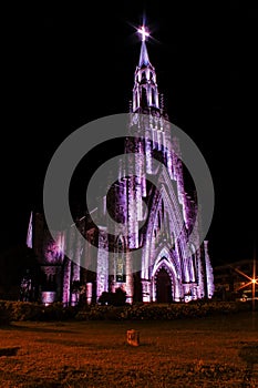 Stone cathedral city Canela / Gramado with purple illumination, Rio Grande Do Sul, Brazil - Church city Canela Rio Grande Do Sul,