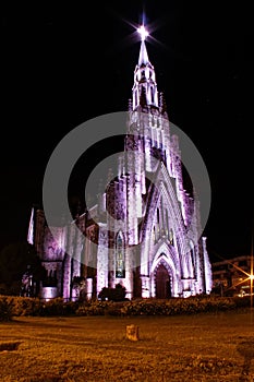 Stone cathedral city Canela / Gramado with purple illumination, Rio Grande Do Sul, Brazil - Church city Canela Rio Grande Do Sul,