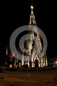 Stone cathedral city Canela / Gramado with yellow illumination, Rio Grande Do Sul, Brazil - Church city Canela Rio Grande Do Sul,