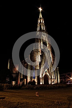 Stone cathedral city Canela / Gramado with yellow illumination, Rio Grande Do Sul, Brazil - Church city Canela Rio Grande Do Sul, photo