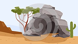 Stone cave in a desert. Vector illustration in cartoon flat style.