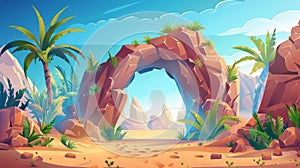 A stone cave entrance, a mine in rock in the desert. A landscape with tunnels in the mountains, sand and cliffs