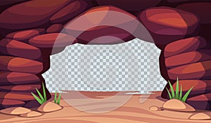 Stone cave entrance. Mountain tunnel frame, mine rock hole, transparent background, old cavern with blank center, banner