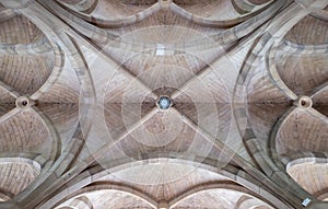 Stone ceiling of the cloisters on the Glasgow University campus in Scotland, UK built in Gothic Revival style.