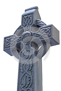 Stone Celtic Cross Head With Snow Isolated On White