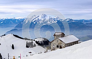 Stone chapel on the Swiss alps, Rigi Kulm,