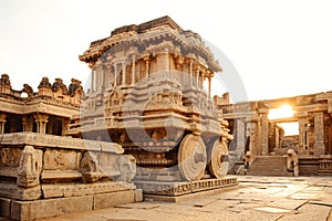 Stone chariot in Hampi Vittala Temple at sunset