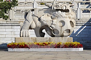 Stone Chinese Lion statue in Taoist temple in Guangzhou China
