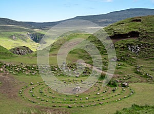 Stone circle built by tourists at Fairy Glen on the Trotternish Peninsula, Skye, Scotland UK.