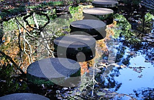 Stone circles on the water, reflections of autumn trees and blue sky in the water garden decoration