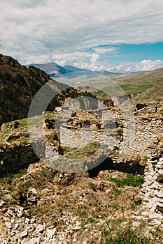 The stone city in Chechnya, the abandoned ruins of buildings, walls, squares, terraces and ramps restore the