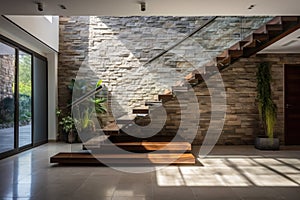 Stone cladding wall in spacious hallway with staircase. Luxury minimalist home interior design of modern entrance in villa