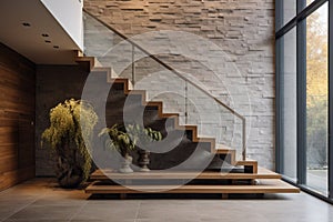 Stone cladding wall in spacious hallway with staircase. Luxury minimalist home interior design of modern entrance in villa