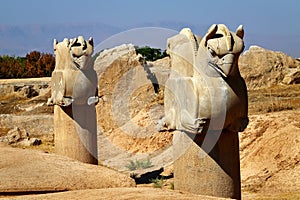 Stone column sculpture of a Griffin in Persepolis. The Victory symbol of the ancient Achaemenid Kingdom. Iran.