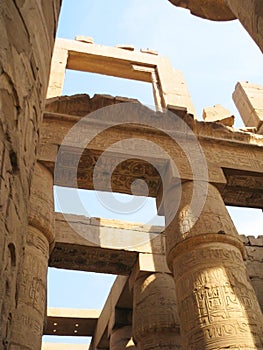 Stone columns and beams decorated with hieroglyphics in Egypt