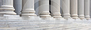 Stone columns colonnade and marble stairs detail. Classical pillars row