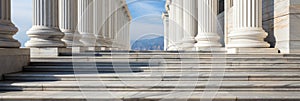 Stone columns colonnade and marble stairs detail. Classical pillars row