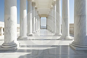 Stone columns colonnade and marble stairs detail. Classical pillars row