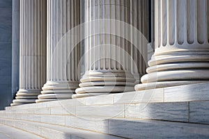 Stone columns colonnade and marble stairs detail. Classical pillars row