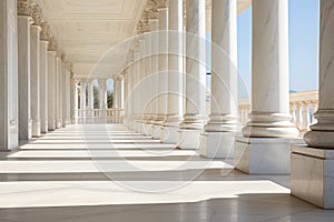 Stone columns colonnade and marble stairs detail. Classical pillars row