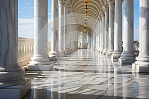 Stone columns colonnade and marble stairs detail. Classical pillars row