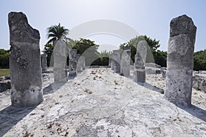 Stone columns at Maya ruins El Rey