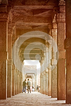 Stone columns of Qutb complex in South Delhi, pillars in ancient ruins of Quwwat ul Islam Mosque