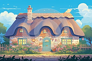 a stone cottage with a neatly maintained thatched roof at dusk, magazine style illustration