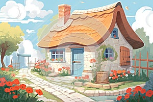 stone cottage, thatched roof, brick pathway leading to the door, magazine style illustration