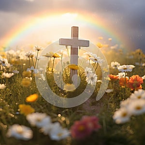 Stone Cross in Flower-Filled Meadow with Rainbow in Spring Light AI Generated