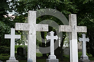 Stone cross gravestones on cemetery - graveyard