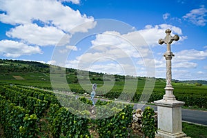 Stone cross marker in vineyard
