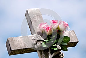 Stone Cross with Pink Roses