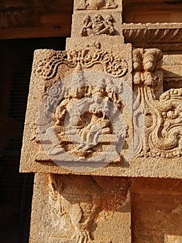 Stone curvature  ,Ancient  Ruins of Vijayanagar Empire, hampi is a UNESCO world heritage site ,at Hampi, in photo