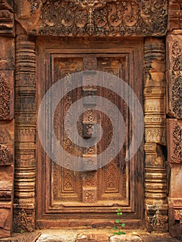 Stone door in Banteay Srei temple near Angkor Wat.