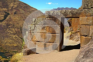 Stone doorway at Pisac ruins. Cusco, Peru