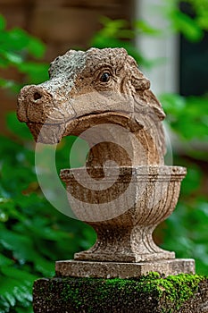 Stone dragon statue in a garden.