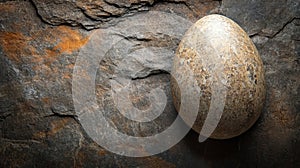 Stone Egg Rests On Rough Dark Rock Surface