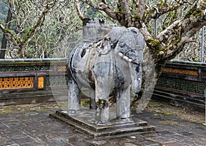 Stone Elephant sculpture in the forecort preceding the Stele Pavilion in Tu Duc Royal Tomb, Hue, Vietnam