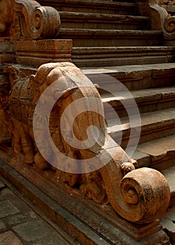 Stone elephant stone steps sculpture in the ancient Brihadisvara Temple in Thanjavur, india.
