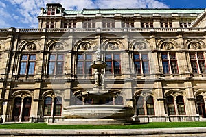 stone exterior side elevation of the famous opera building in Vienna, Austria.