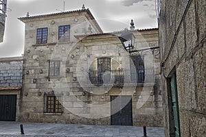 Stone facade of a large house in the Plaza de Cambados, Rias Bajas, Pontevedra, Galicia, Spain