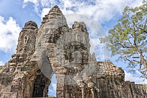 Stone face at gate of Angkor Thom temple, Angkor Wat, Cambodia