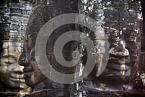 Stone Faces at Bayon Temple at Sunset, Angkor, Siem Reap, Cambodia